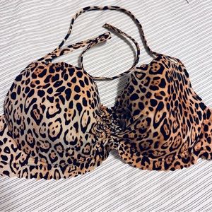 Victoria's Secret Leopard Scalloped Bikini Bra Top Underwired Halterneck: 34DD